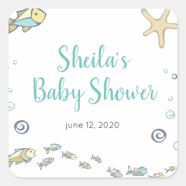 Niedlich unter dem Meer Themed Baby Dusche Quadratischer Aufkleber (Vorderseite)