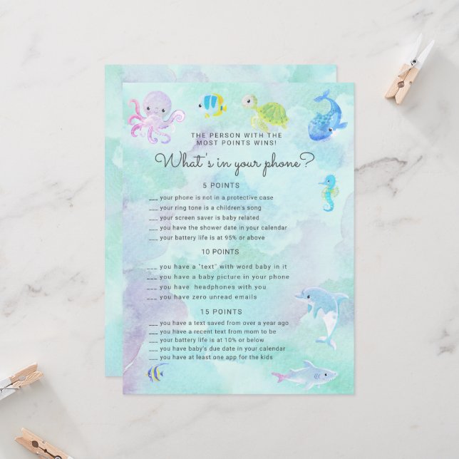 Niedlich unter der Sea Baby Shower Phone Game Card (Vorderseite/Rückseite Beispiel)