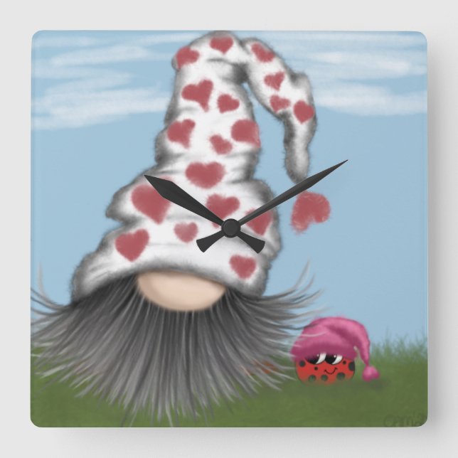 Niedlich Valentine Gnome Quadratische Wanduhr (Vorderseite)