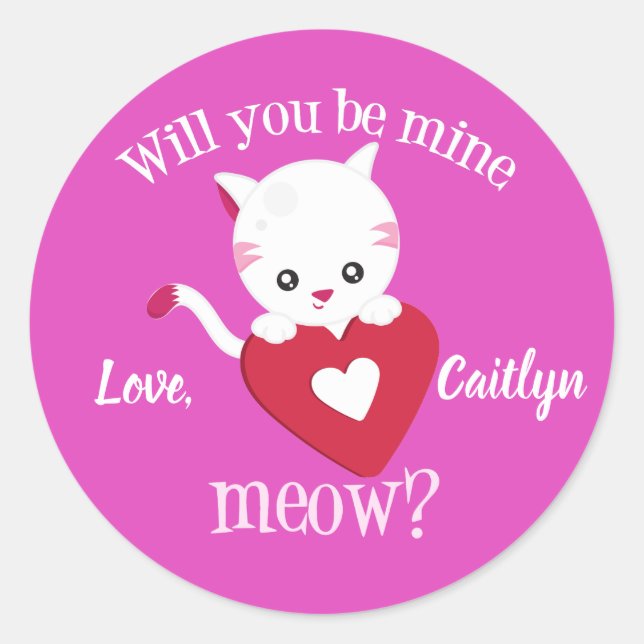 Niedlich Valentine Kitty Cat Pink Runder Aufkleber (Vorderseite)