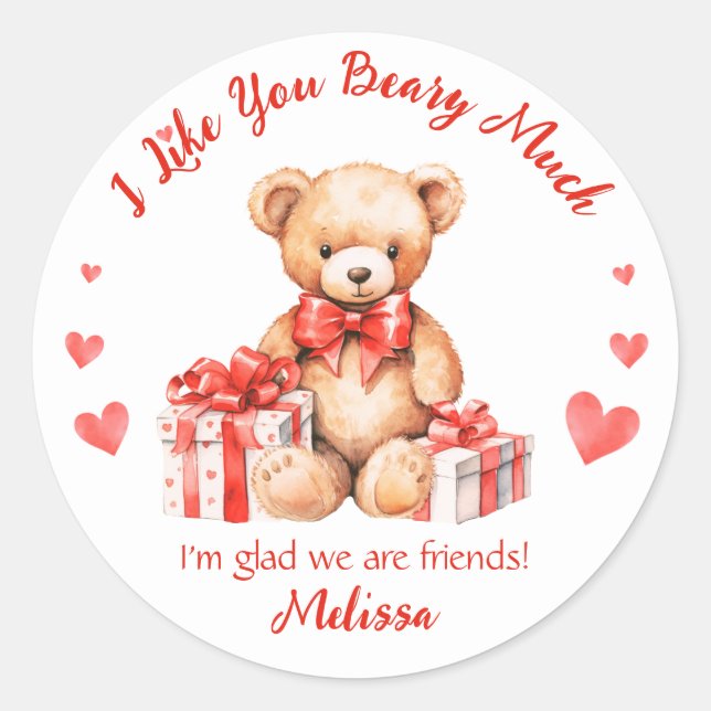 Niedlich Valentine Teddy mit Red Hearts Klassenzim Runder Aufkleber (Vorderseite)