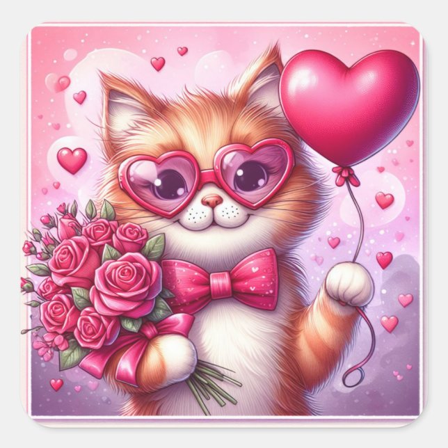 Niedlich Valentinstag Katze/Kätzchen Quadratischer Aufkleber (Vorderseite)
