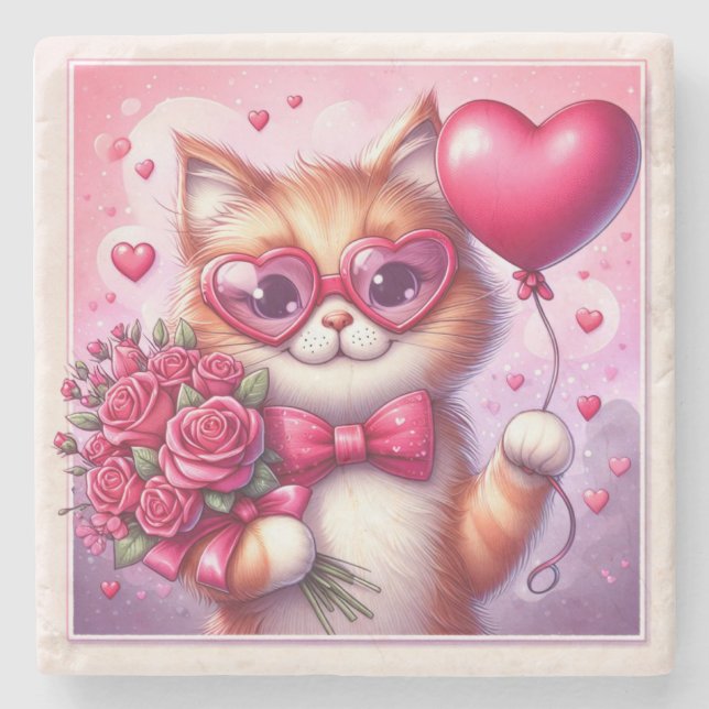 Niedlich Valentinstag Katze/Kätzchen Steinuntersetzer (Vorderseite)