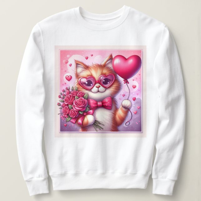 Niedlich Valentinstag Katze/Kätzchen Sweatshirt (Design vorne)