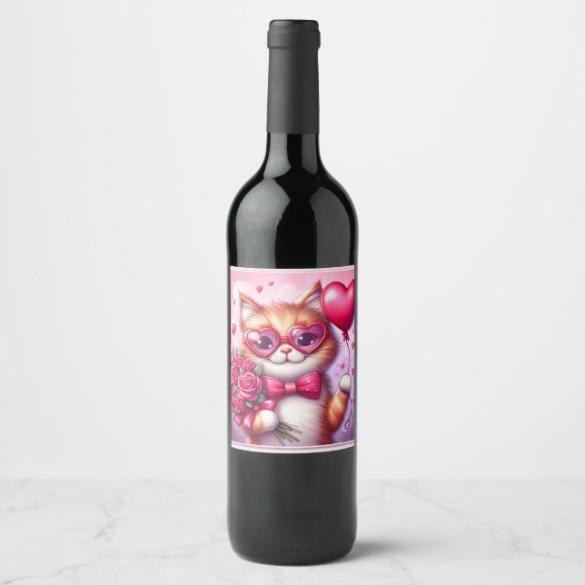 Niedlich Valentinstag Katze/Kätzchen Weinetikett (Vorderseite)