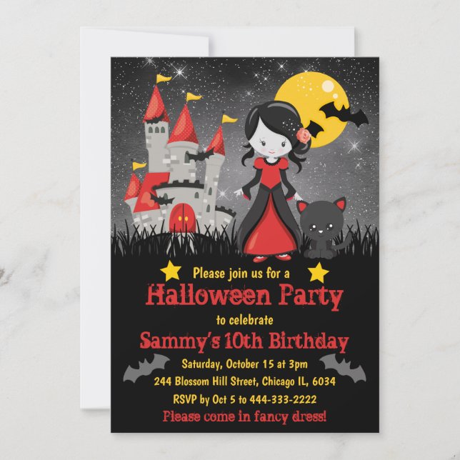 Niedlich Vampire Girl and Castle Halloween Einladung (Vorderseite)