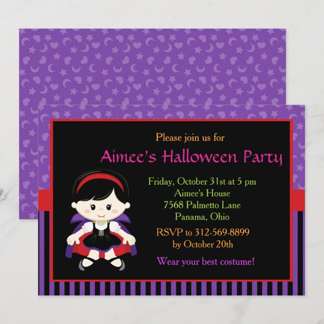 Niedlich Vampire Girl Halloween-Party Einladung (Vorne/Hinten)