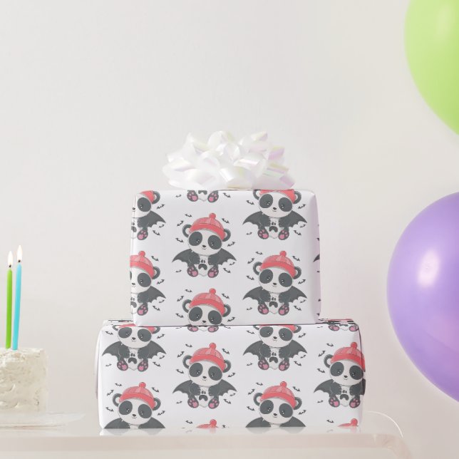 Niedlich Vampire Panda Bats Ghost White Halloween Geschenkpapier (Partygeschenke)
