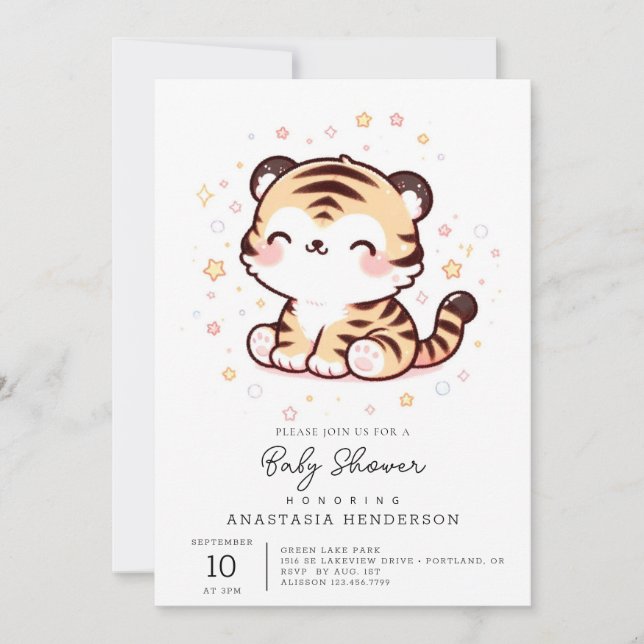 Niedlich verzauberte Tiger Baby-Dusche Einladung (Vorderseite)