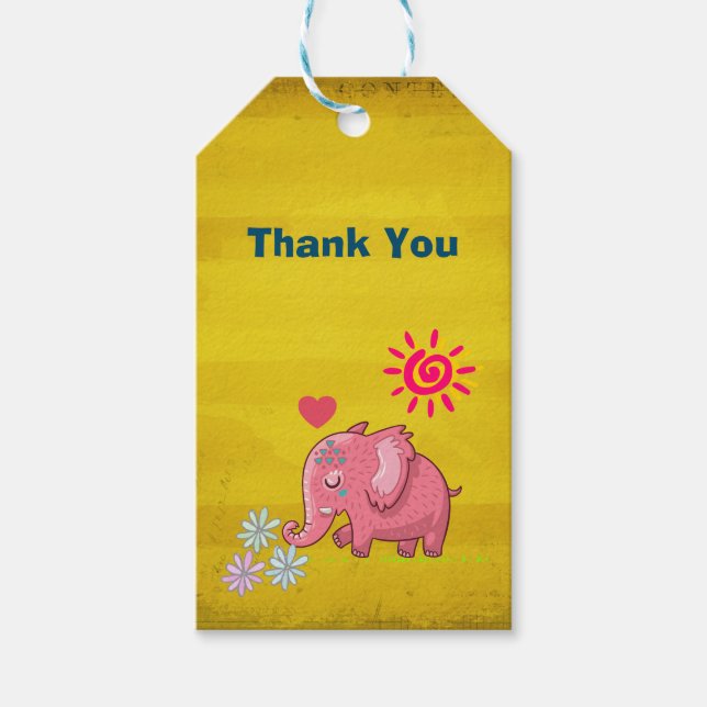 Niedlich Vielen Dank mit Pink Elephant und Blume Geschenkanhänger (Vorderseite)