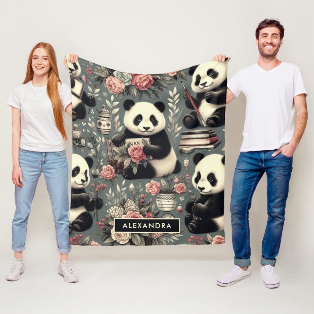 Niedlich Vintag Panda Floral Fleecedecke (Beispiel)