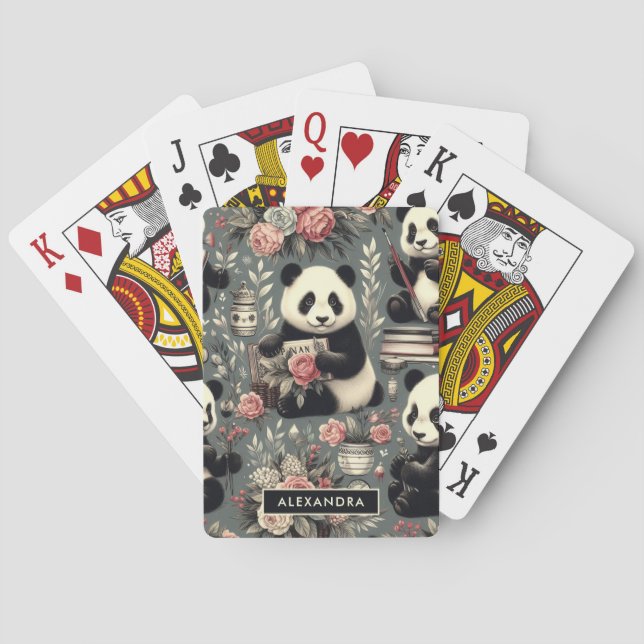 Niedlich Vintag Panda Floral Spielkarten (Rückseite)