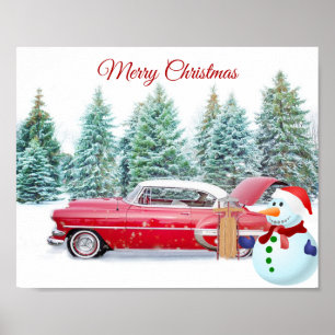 Niedlich, Vintag, Roter Wagen, Schneemann, Weihnac Poster