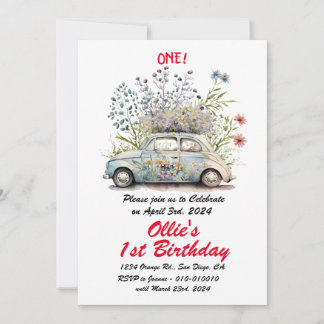 Niedlich Vintage Car 1. Geburtstag Party Einladung