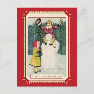 Niedlich Vintage Weihnachtsgrüße Kinder Snowman Postkarte