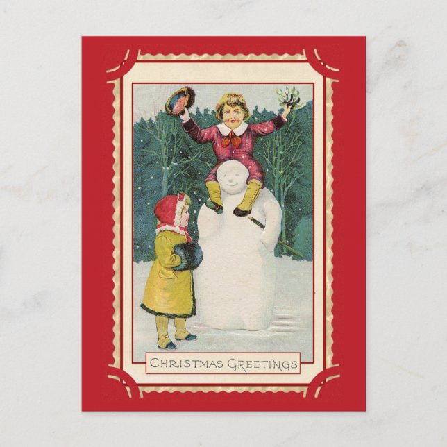 Niedlich Vintage Weihnachtsgrüße Kinder Snowman Postkarte (Vorderseite)