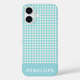 Niedlich Vintages Aqua Blue Gingham Kariert Person iPhone 16 Hülle