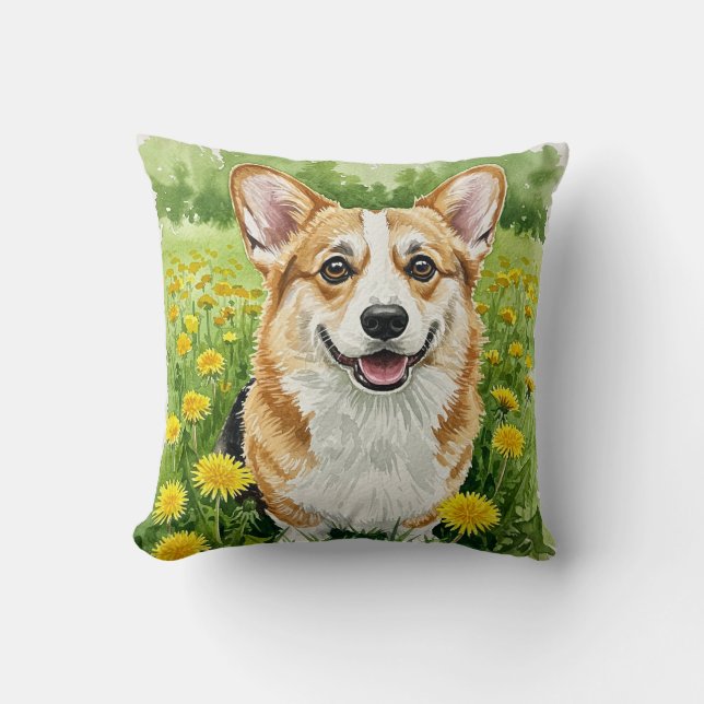 Niedlich Walish Pembroke Corgi Dandelions Kissen (Vorderseite)