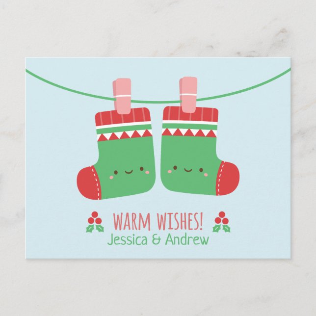 Niedlich Warme Wünsche Weihnachten Strümpfe Couple Postkarte (Vorderseite)