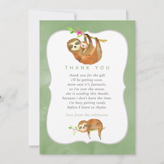 Niedlich Watercolor Sloth thematied Baby Dusche Vi Dankeskarte (Vorderseite)