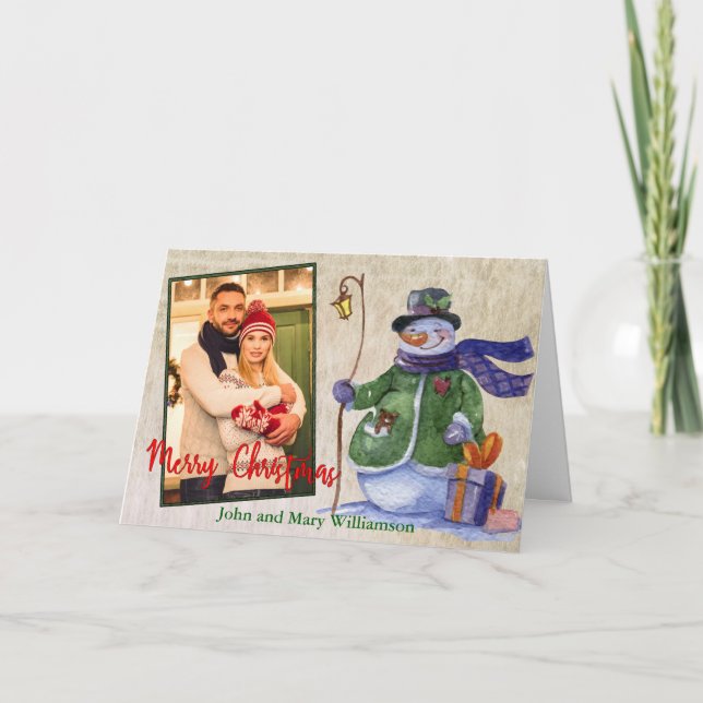 Niedlich Watercolor Snowman Foto Weihnachten (Vorderseite)