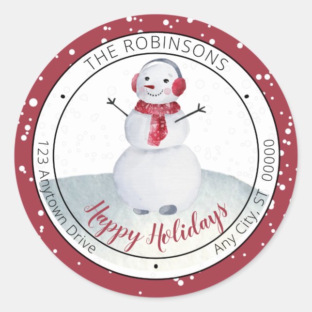 Niedlich Waving Snowman Happy Holidays Family Runder Aufkleber (Vorderseite)