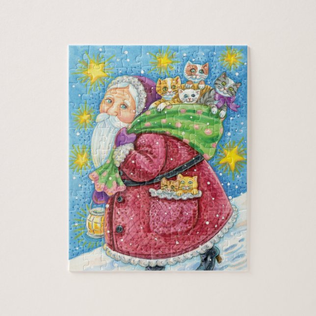 Niedlich Weihnachten, Weihnachtsmann mit Kätzchen  (Vertikal)