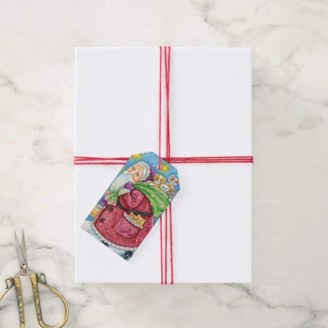 Niedlich Weihnachten, Weihnachtsmann mit Kätzchen  Geschenkanhänger (Mit Garn)