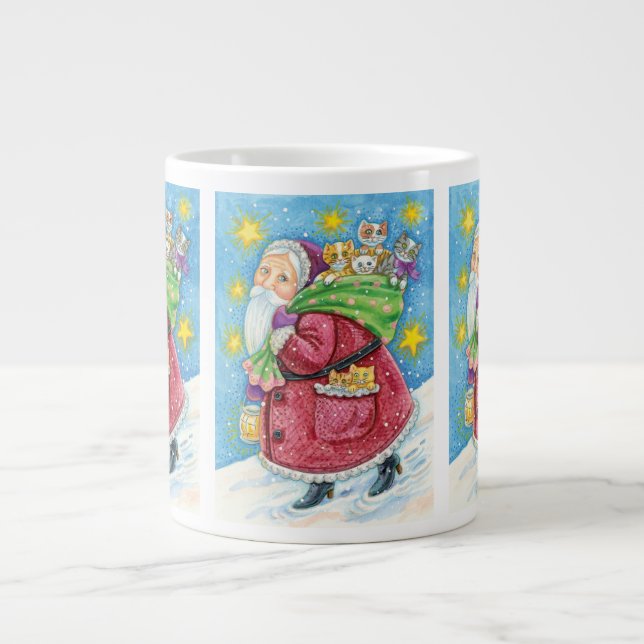 Niedlich Weihnachten, Weihnachtsmann mit Kätzchen  Jumbo-Tasse (Vorderseite)