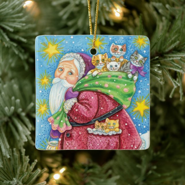 Niedlich Weihnachten, Weihnachtsmann mit Kätzchen  Keramikornament (Baum)