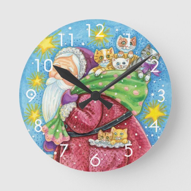 Niedlich Weihnachten, Weihnachtsmann mit Kätzchen  Runde Wanduhr (Vorderseite)