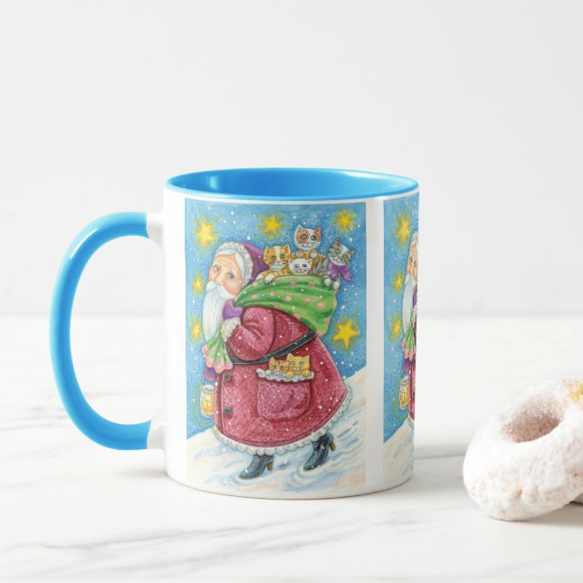 Niedlich Weihnachten, Weihnachtsmann mit Kätzchen  Tasse (Mit Donut)