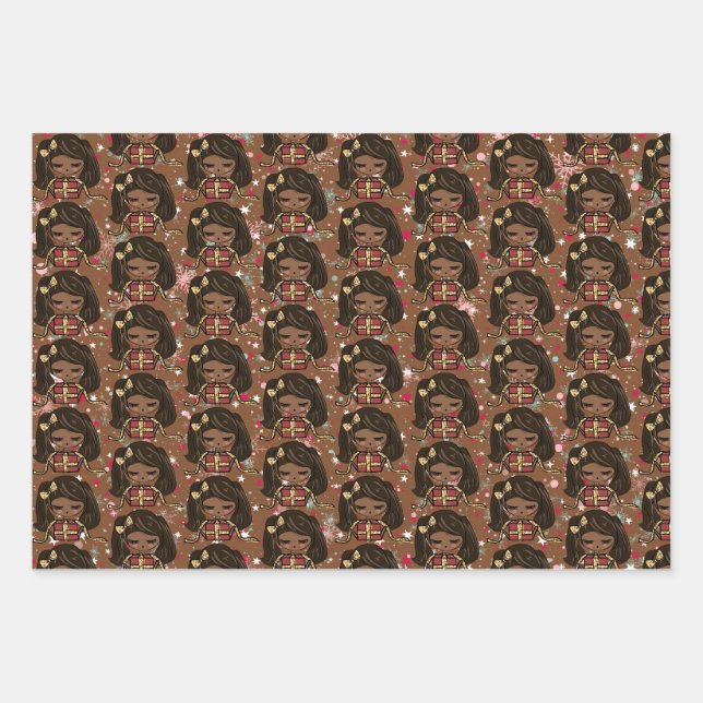 Niedlich Weihnachtswrapping Paper Black Girl Geschenkpapier Set (Vorderseite)