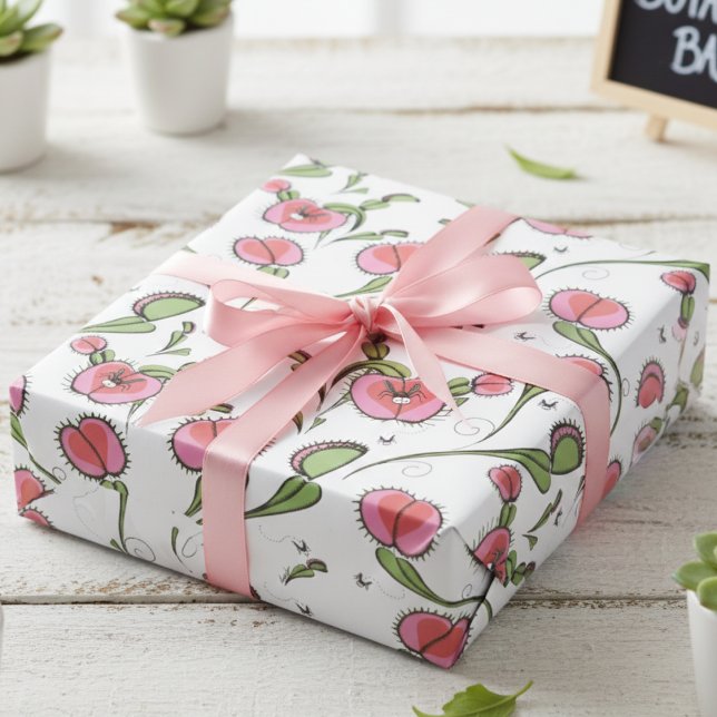 Niedlich Weiße Venus-Flytrap auf Ihrer Liebe steck Geschenkpapier (Cute Botanical Venus Flytrap Plants Whimsical Kids Wrapping Paper for Valentine's Day & Birthday)