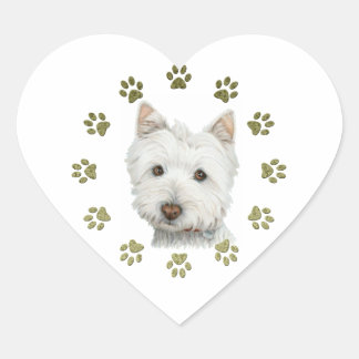 Niedlich West Highland White Terrier Dog and Paws Herz-Aufkleber