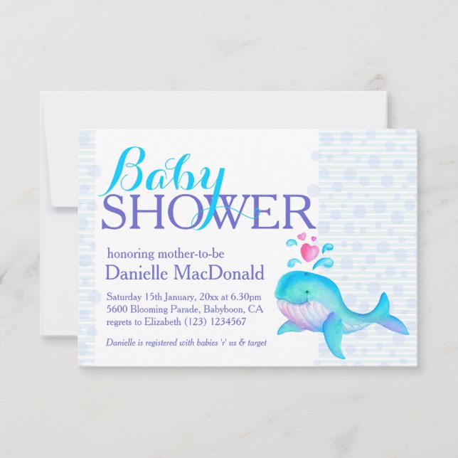 Niedlich Whale Art Baby Dusche Aqua lila Einladung (Vorderseite)