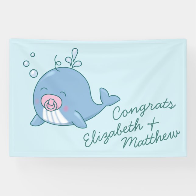 Niedlich Whale Baby Shower Kawaii Girl Pink Banner (Horizontal)