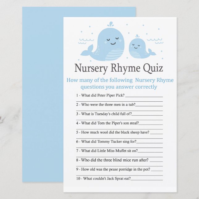 Niedlich Whale Kinderzimmer Rhyme Quiz Babydusche (Vorne/Hinten)
