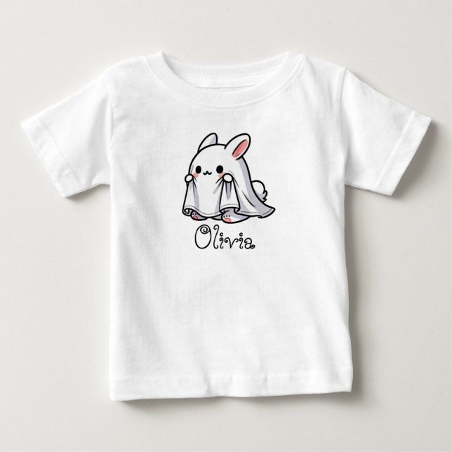 Niedlich, Whimsical Bunny Ghost, Individuelle Name Baby T-shirt (Vorderseite)