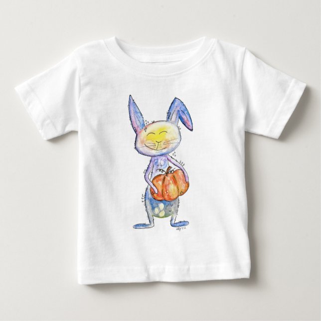 Niedlich Whimsical Bunny Holding a Pumpkin Baby T-shirt (Vorderseite)