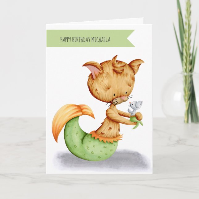 Niedlich Whimsical Cat Mouse Mermaid Geburtstag Karte (Vorderseite)