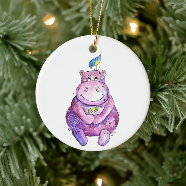 Niedlich Whimsical Lila Hippo Keramik Ornament (Baum)