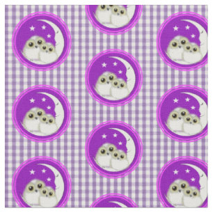 Niedlich Whimsical Owls Lila White Gingham Kariert Stoff
