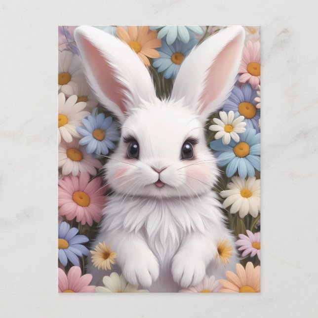 Niedlich White Bunny Pastel Daisy Blume Postkarte (Vorderseite)