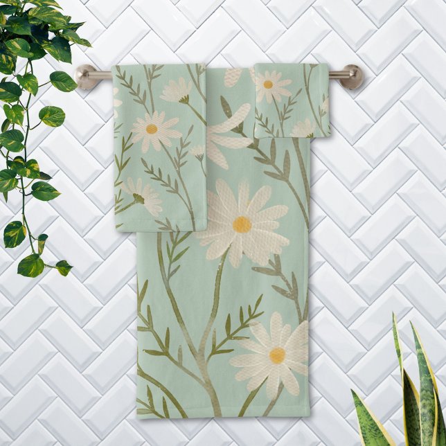 Niedlich White Daisy Blume Floral Pastel Badhandtuch Set (In situ Bathroom wall)