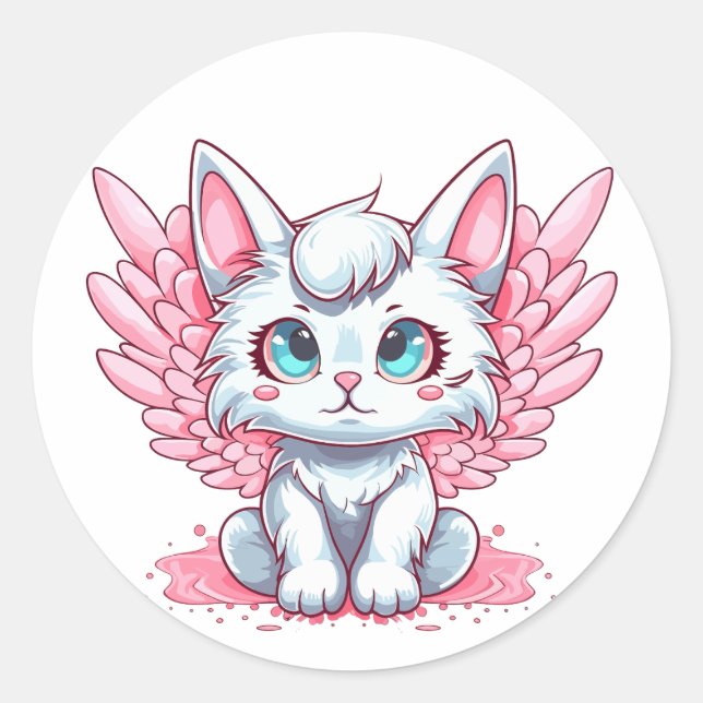 Niedlich White Kawaii Kitten mit Pink Wings Runder Aufkleber (Vorderseite)