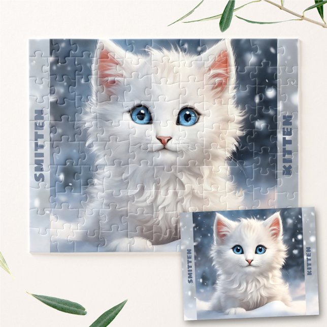 Niedlich White Kitten Cat Winterschnee Individuell (Cute White Kitten Cat Winter Snow Custom Name Jigsaw Puzzle)