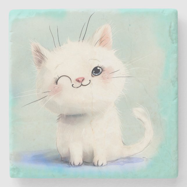 Niedlich White Kitten Steinuntersetzer (Vorderseite)