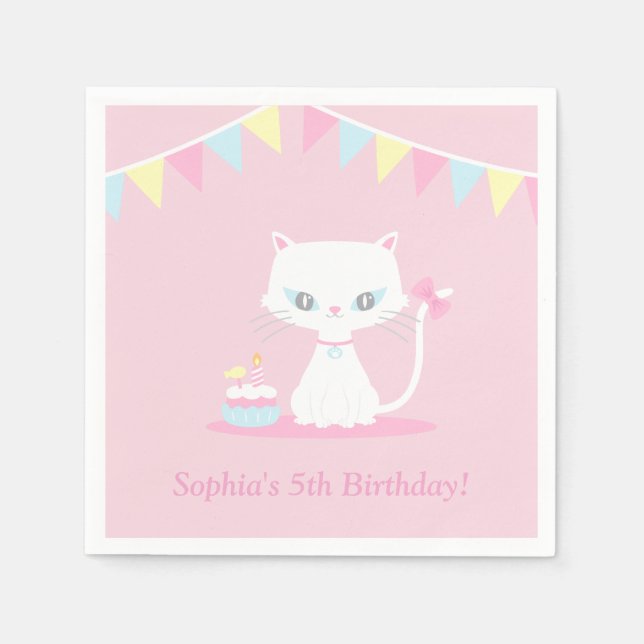 Niedlich White Kitty Cat Birthday Party Paper Napk Serviette (Vorderseite)