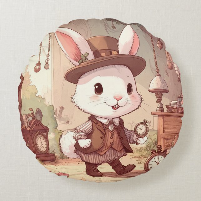 Niedlich White Rabbit Wonderland Whimsical Timekee Rundes Kissen (Vorderseite)